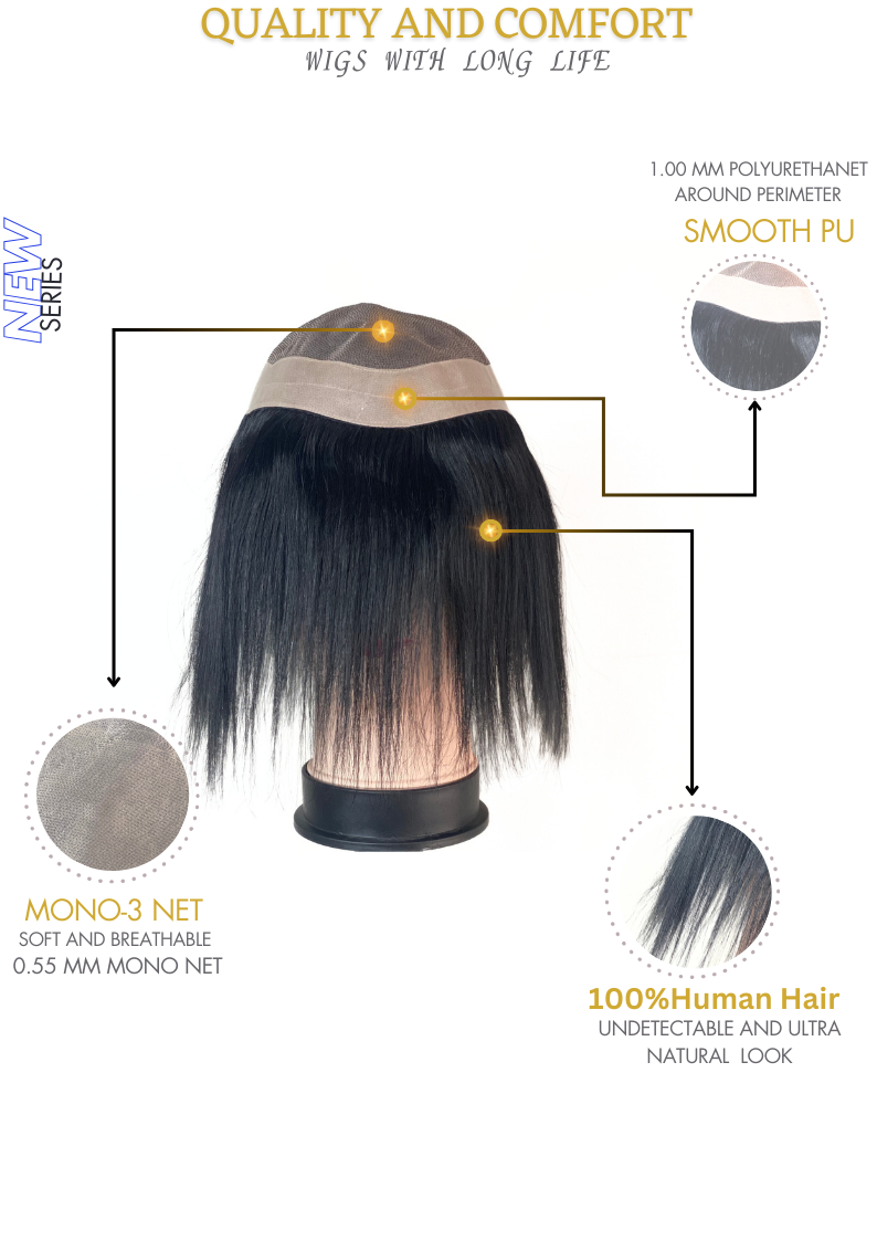 Luxury MONO fine R Smart Hair Patch for Men, Smooth Hair Wig in 100% Natural Human Hair, Easy Fit with Tape, Glue or Clips, 3D Premium Base (Colour: Natural Black