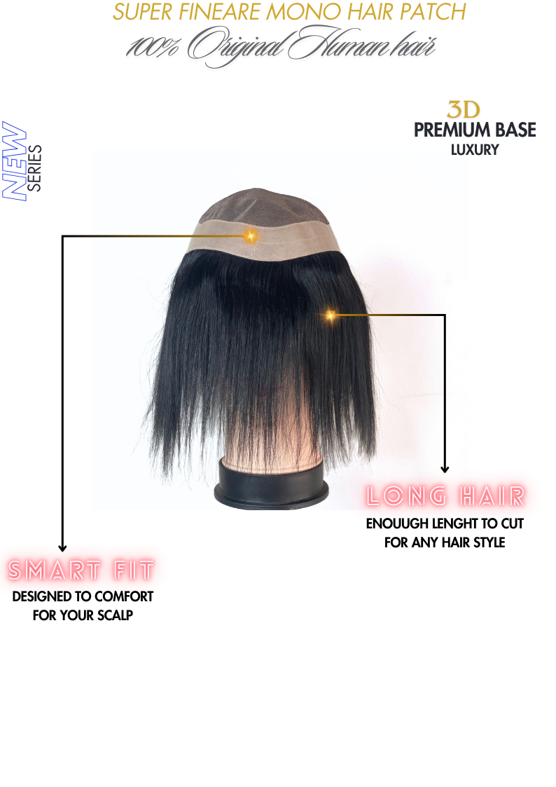 Luxury MONO fine R Smart Hair Patch for Men, Smooth Hair Wig in 100% Natural Human Hair, Easy Fit with Tape, Glue or Clips, 3D Premium Base (Colour: Natural Black